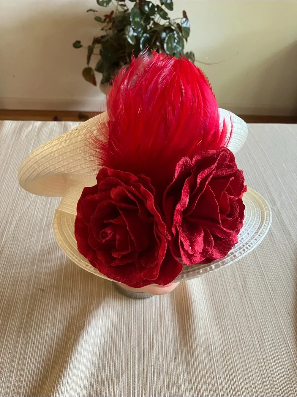 Ivory Satin Ribbon Hat with Red Floral & Feather Accent